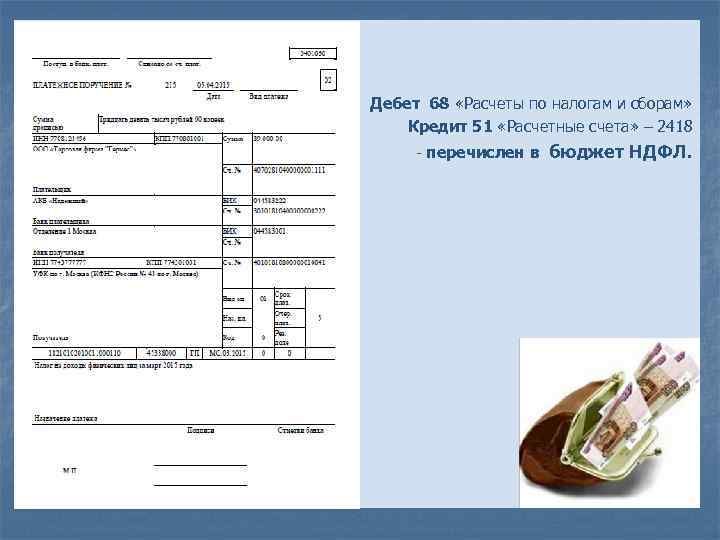Дебет 68 «Расчеты по налогам и сборам» Кредит 51 «Расчетные счета» – 2418 перечислен