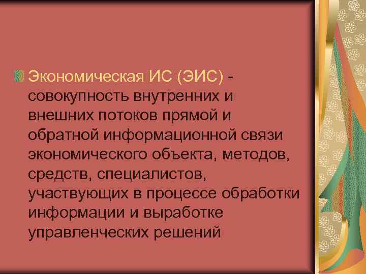 Экономическая ИС (ЭИС) - совокупность внутренних и внешних потоков прямой и обратной информационной связи