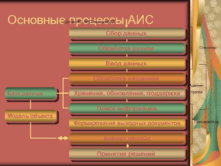 Основные процессы АИС Другие ИС, АИС, внешние БД Сбор данных Обработка ручная Оператор Ввод