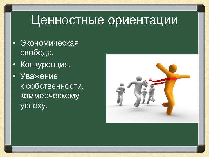  Ценностные ориентации • Экономическая свобода. • Конкуренция. • Уважение к собственности, коммерческому успеху.