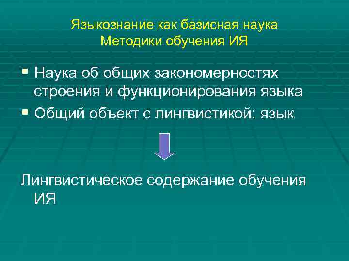 Языкознание как базисная наука Методики обучения ИЯ § Наука об общих закономерностях строения и