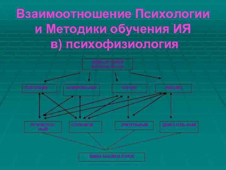 Взаимоотношение Психологии и Методики обучения ИЯ в) психофизиология ВИДЫ РЕЧЕВОЙ ДЕЯТЕЛЬНОСТИ ГОВОРЕНИЕ РЕЧЕМОТОРНЫЙ АУДИРОВА-НИЕ