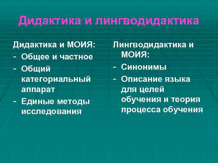 Дидактика и лингводидактика Дидактика и МОИЯ: - Общее и частное - Общий категориальный аппарат