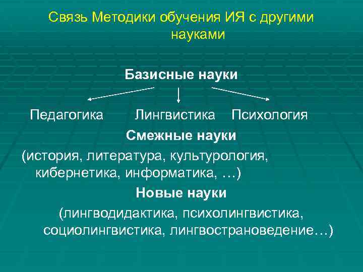 Связь Методики обучения ИЯ с другими науками Базисные науки Педагогика Лингвистика Психология Смежные науки