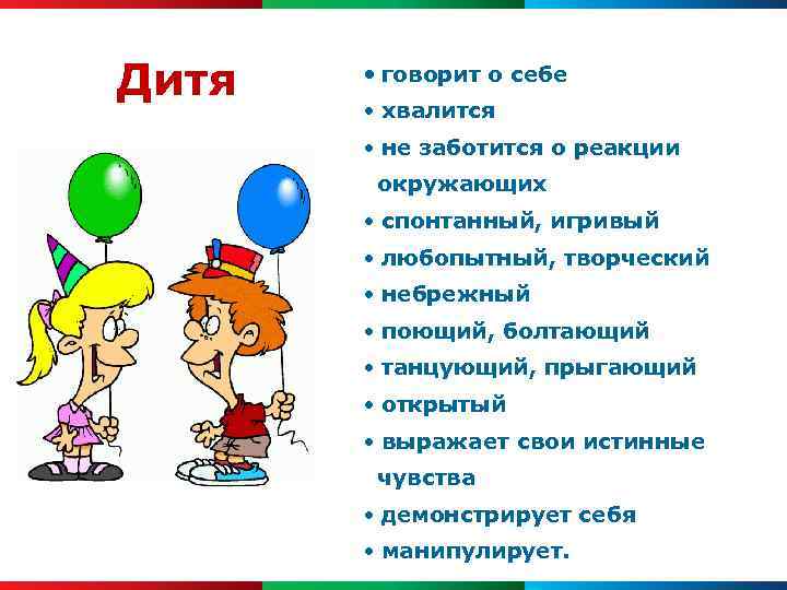 Дитя • говорит о себе • хвалится • не заботится о реакции окружающих •
