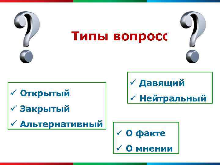 Типы вопросов ü Открытый ü Закрытый ü Альтернативный ü Давящий ü Нейтральный ü О