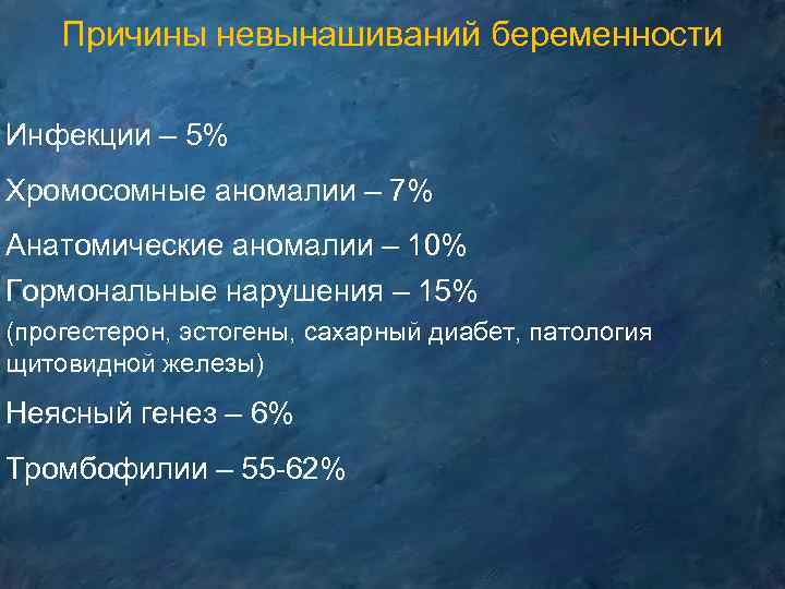 Причины невынашиваний беременности Инфекции – 5% Хромосомные аномалии – 7% Анатомические аномалии – 10%
