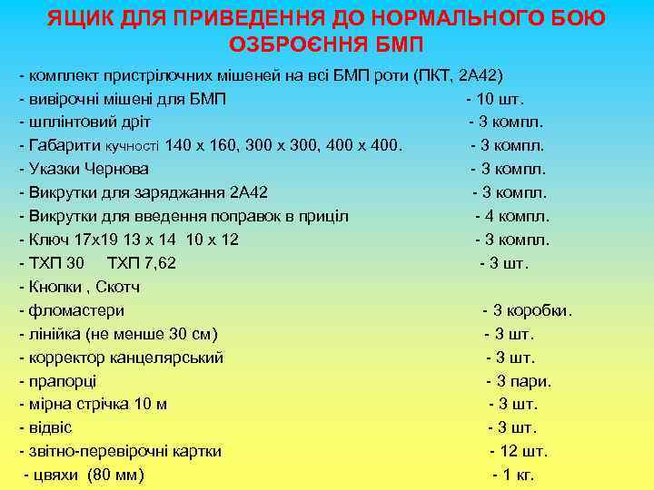 ЯЩИК ДЛЯ ПРИВЕДЕННЯ ДО НОРМАЛЬНОГО БОЮ ОЗБРОЄННЯ БМП - комплект пристрілочних мішеней на всі