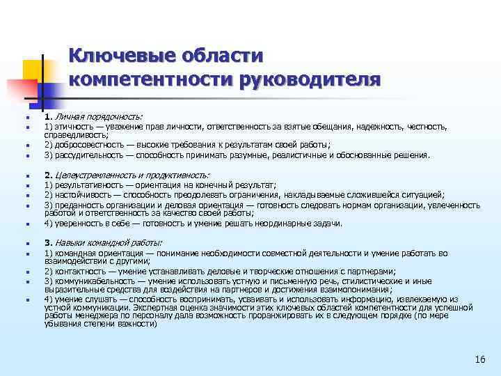 Ключевые области компетентности руководителя n n n n 1. Личная порядочность: 1) этичность —