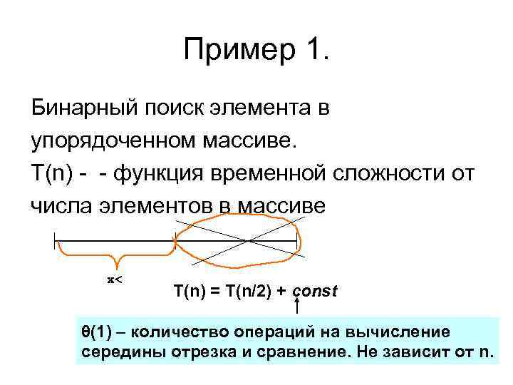 Пример 1. Бинарный поиск элемента в упорядоченном массиве. T(n) - - функция временной сложности