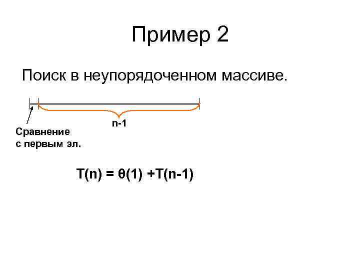Пример 2 Поиск в неупорядоченном массиве. Сравнение с первым эл. n-1 T(n) = θ(1)