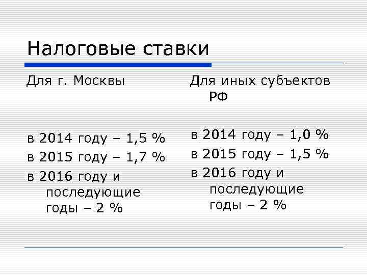 Налоговые ставки Для г. Москвы Для иных субъектов РФ в 2014 году – 1,
