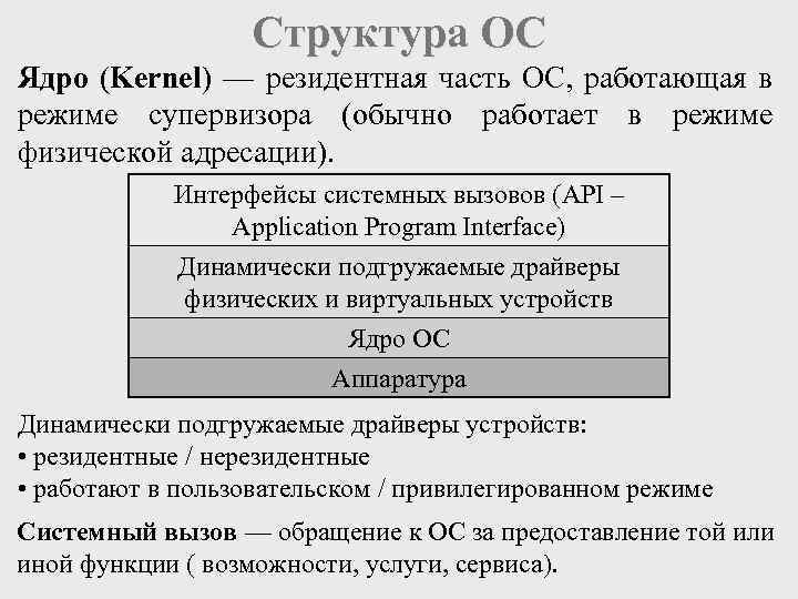Структура ОС Ядро (Kernel) — резидентная часть ОС, работающая в режиме супервизора (обычно работает