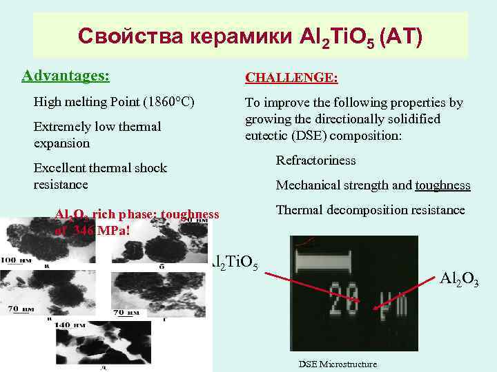 Свойства керамики Al 2 Ti. O 5 (AT) Advantages: CHALLENGE: High melting Point (1860°C)