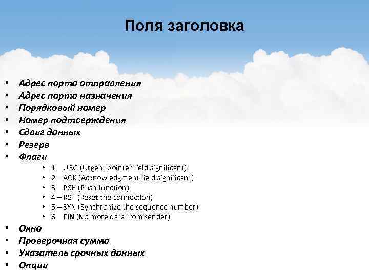 Поля заголовка • • Адрес порта отправления Адрес порта назначения Порядковый номер Номер подтверждения