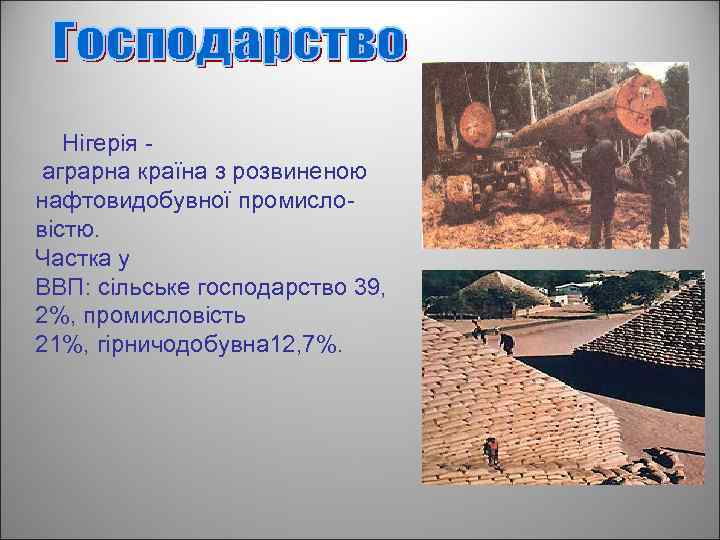  Нігерія аграрна країна з розвиненою нафтовидобувної промисловістю. Частка у ВВП: сільське господарство 39,