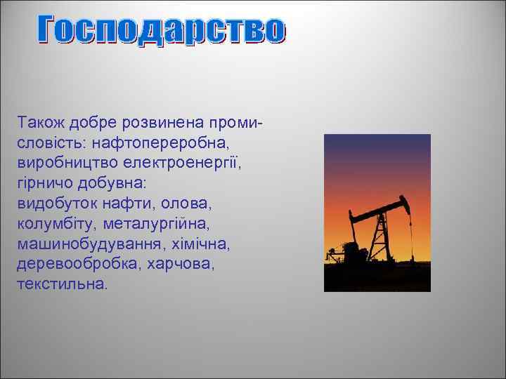 Також добре розвинена промисловість: нафтопереробна, виробництво електроенергії, гірничо добувна: видобуток нафти, олова, колумбіту, металургійна,