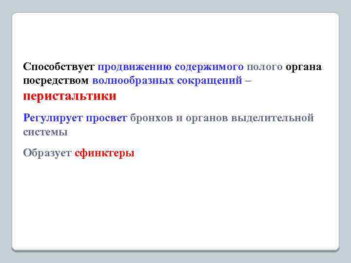 Способствует продвижению содержимого полого органа посредством волнообразных сокращений – перистальтики Регулирует просвет бронхов и
