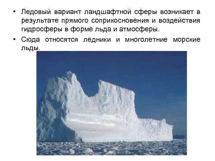  • Ледовый вариант ландшафтной сферы возникает в результате прямого соприкосновения и воздействия гидросферы