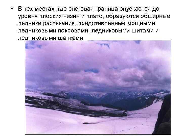  • В тех местах, где снеговая граница опускается до уровня плоских низин и