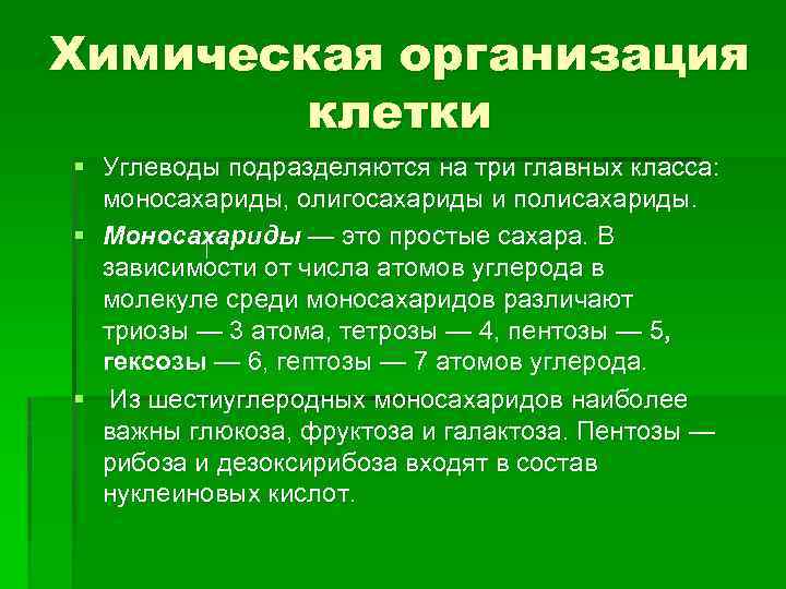 Химическая организация клетки § Углеводы подразделяются на три главных класса: моносахариды, олигосахариды и полисахариды.