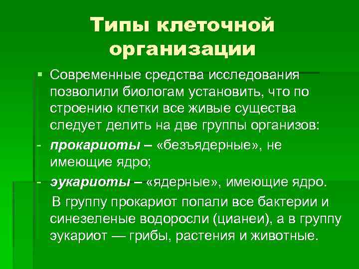 Типы клеточной организации