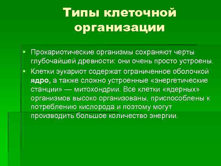 Типы клеточной организации § Прокариотические организмы сохраняют черты глубочайшей древности: они очень просто устроены.