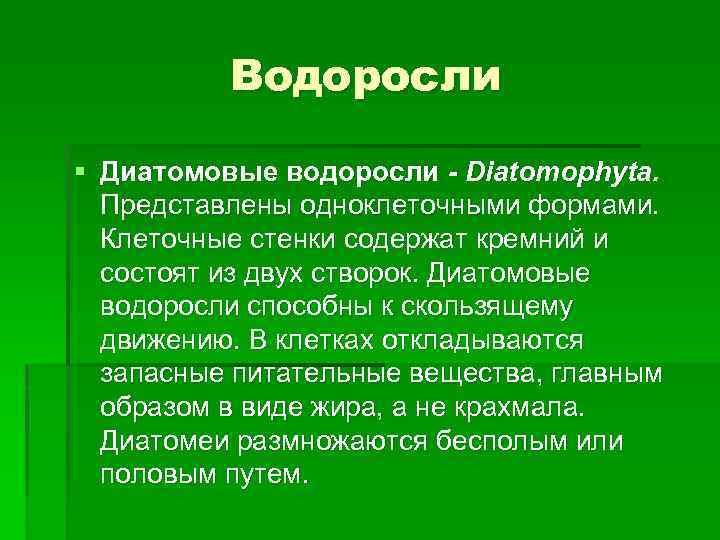 Водоросли § Диатомовые водоросли - Diatomophyta. Представлены одноклеточными формами. Клеточные стенки содержат кремний и