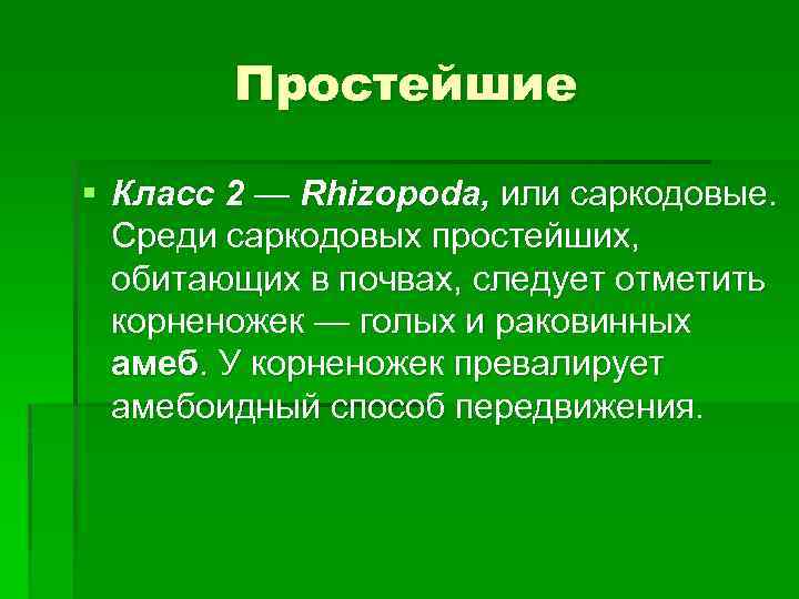 Простейшие § Класс 2 — Rhizopoda, или саркодовые. Среди саркодовых простейших, обитающих в почвах,