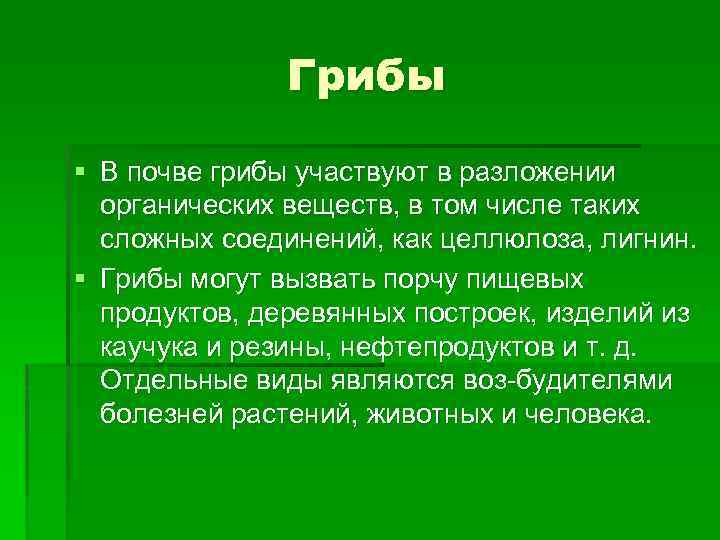 Грибы § В почве грибы участвуют в разложении органических веществ, в том числе таких