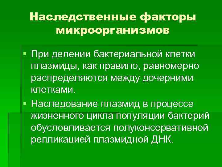 Наследственные факторы микроорганизмов § При делении бактериальной клетки плазмиды, как правило, равномерно распределяются между