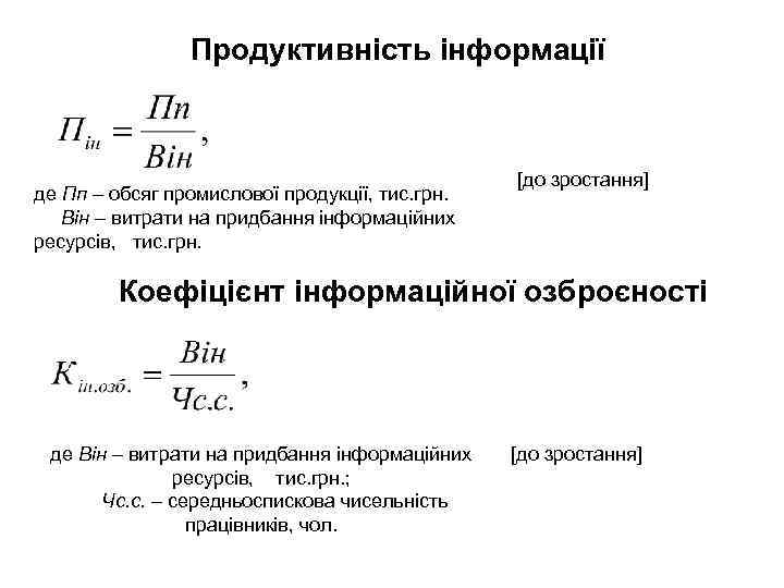 Продуктивність інформації де Пп – обсяг промислової продукції, тис. грн. Він – витрати на
