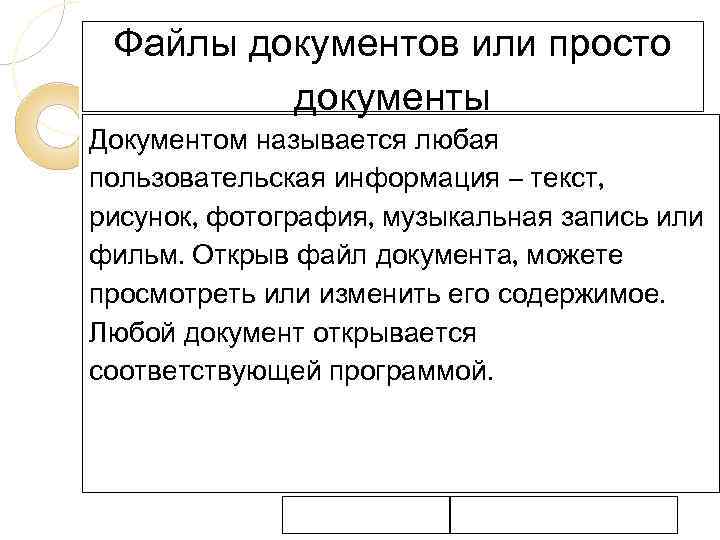 Файлы документов или просто документы Документом называется любая пользовательская информация – текст, рисунок, фотография,