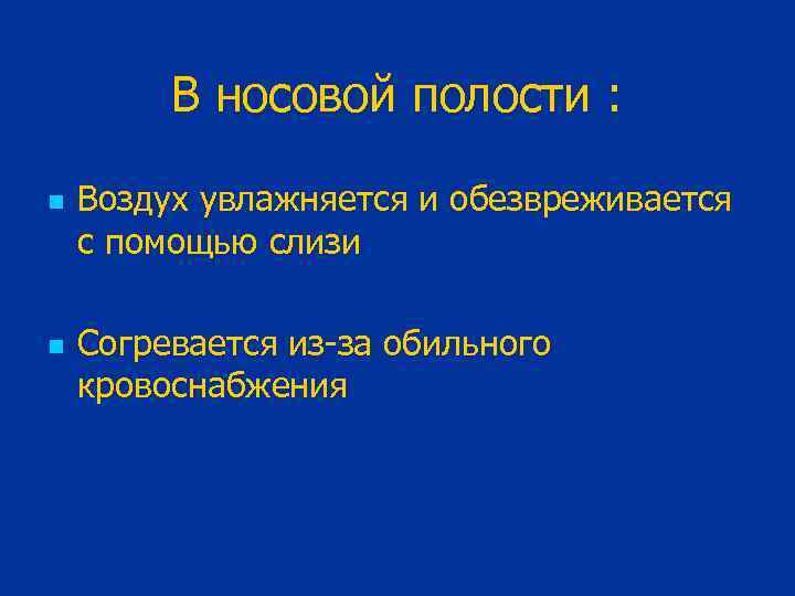 В носовой полости : n n Воздух увлажняется и обезвреживается с помощью слизи Согревается