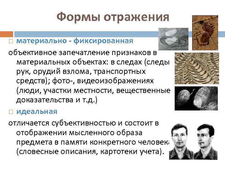Формы отражения материально - фиксированная объективное запечатление признаков в материальных объектах: в следах (следы
