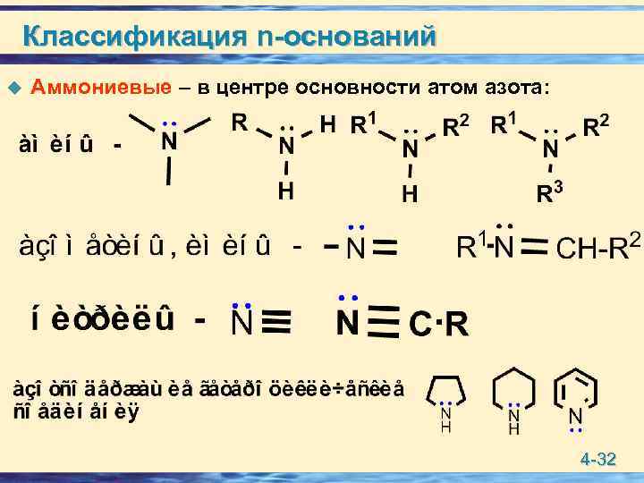 Классификация n-оснований u Аммониевые – в центре основности атом азота: 4 -32 