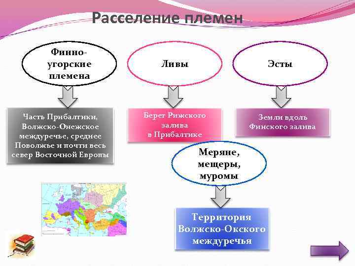 Расселение племен Финноугорские племена Часть Прибалтики, Волжско-Онежское междуречье, среднее Поволжье и почти весь север