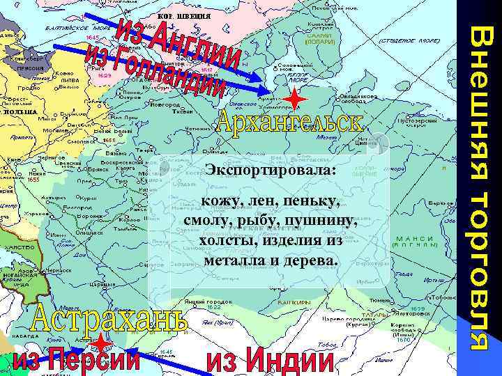 Экспортировала: кожу, лен, пеньку, смолу, рыбу, пушнину, холсты, изделия из металла и дерева. 