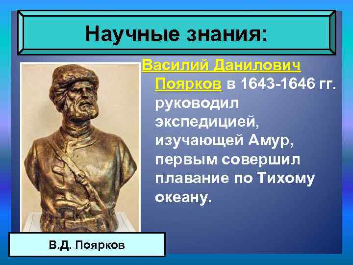 Научные знания: Василий Данилович Поярков в 1643 -1646 гг. руководил экспедицией, изучающей Амур, первым