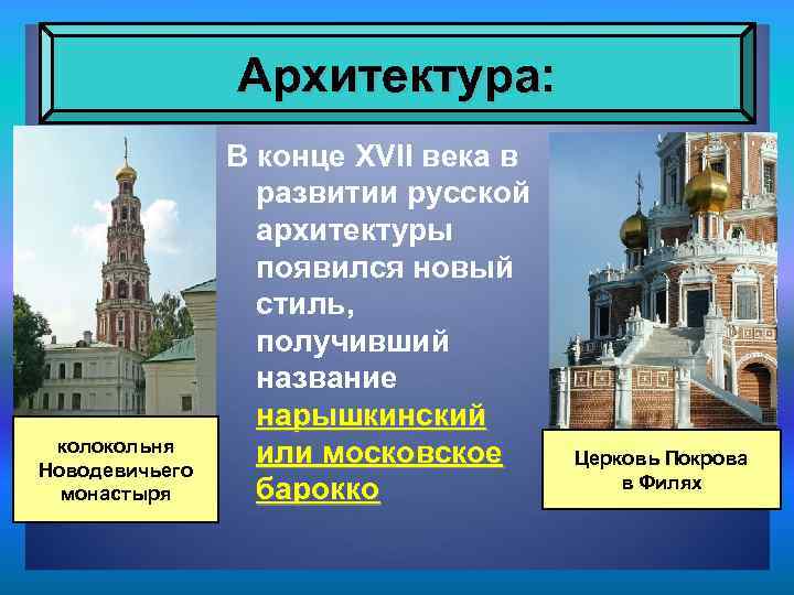 Архитектура: колокольня Новодевичьего монастыря В конце XVII века в развитии русской архитектуры появился новый