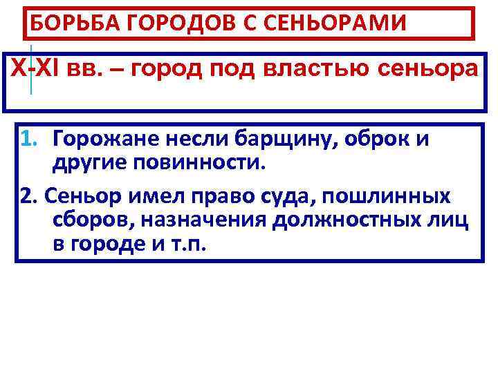 БОРЬБА ГОРОДОВ С СЕНЬОРАМИ X-XI вв. – город под властью сеньора 1. Горожане несли