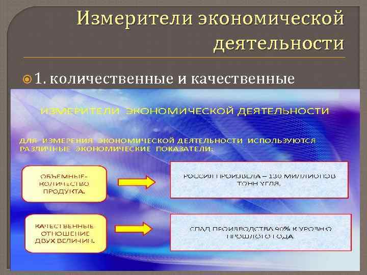 Измерители экономической деятельности 1. количественные и качественные 