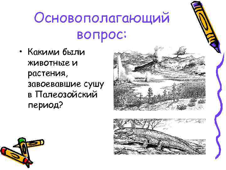 Основополагающий вопрос: • Какими были животные и растения, завоевавшие сушу в Палеозойский период? 