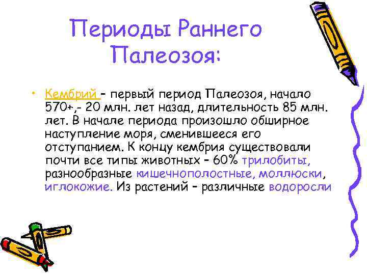 Периоды Раннего Палеозоя: • Кембрий – первый период Палеозоя, начало 570+, - 20 млн.