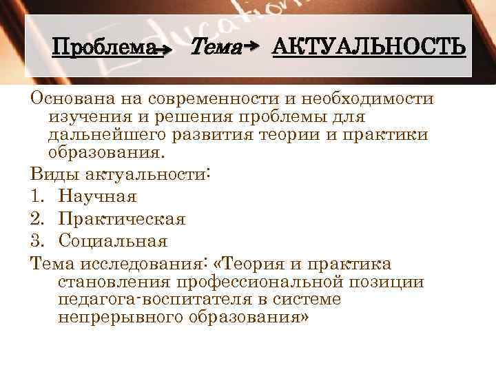 Проблема Тема АКТУАЛЬНОСТЬ Основана на современности и необходимости изучения и решения проблемы для дальнейшего