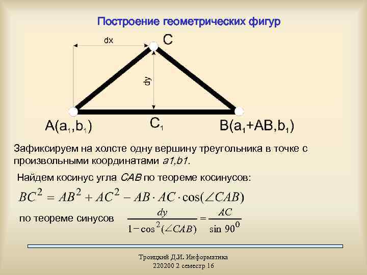 Построение геометрических фигур Зафиксируем на холсте одну вершину треугольника в точке с произвольными координатами