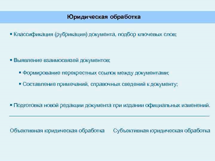 Юридическая обработка § Классификация (рубрикация) документа, подбор ключевых слов; § Выявление взаимосвязей документов; §