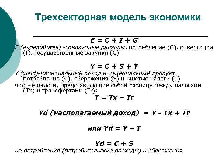 Трехсекторная модель экономики Е=C+I+G Е (expenditures) -совокупные расходы, потребление (C), инвестиции (I), государственные закупки