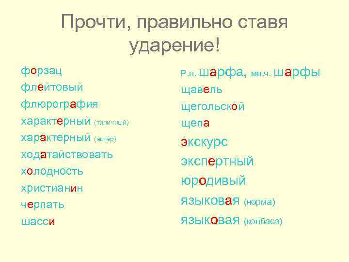 Прочти, правильно ставя ударение! форзац флейтовый флюрография характерный (типичный) характерный (актер) ходатайствовать холодность христианин