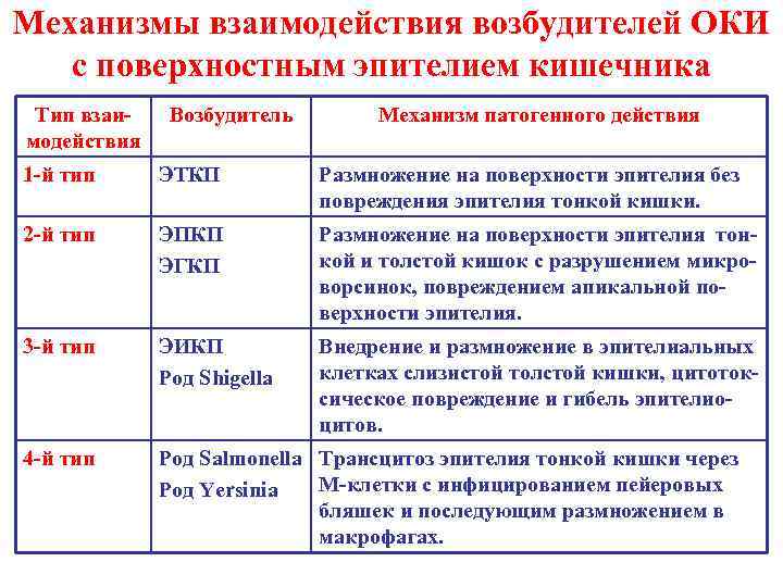 Механизмы взаимодействия возбудителей ОКИ с поверхностным эпителием кишечника Тип взаимодействия Возбудитель Механизм патогенного действия